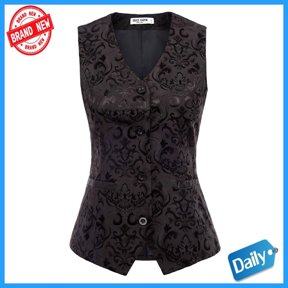 Women's Jacquard Waistcoat Vest With Pockets, Polyester, Steampunk Style